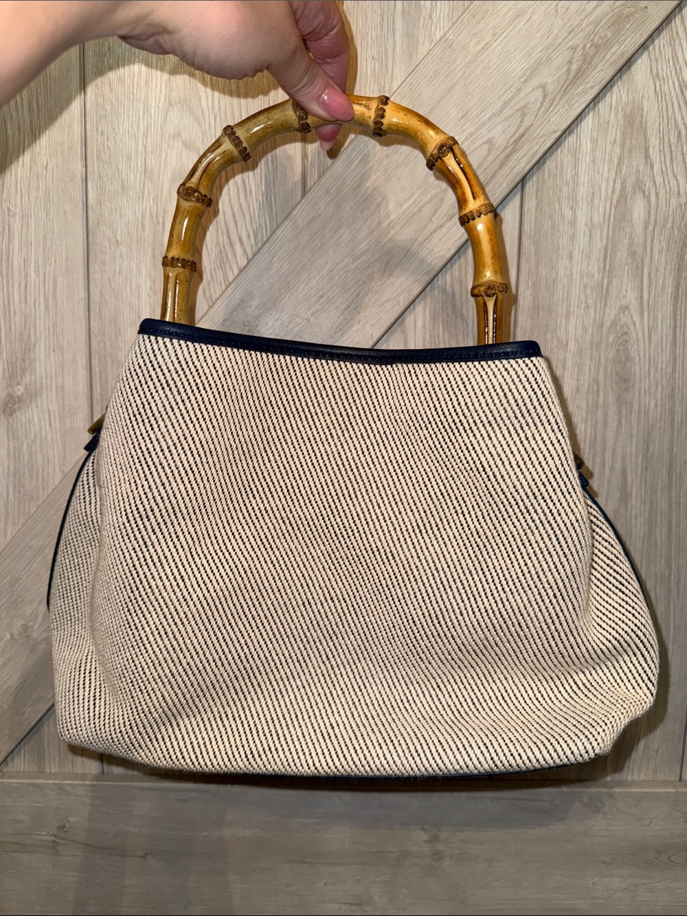 J. McLaughlin Cream and Navy Bamboo-Handle Woven Tote